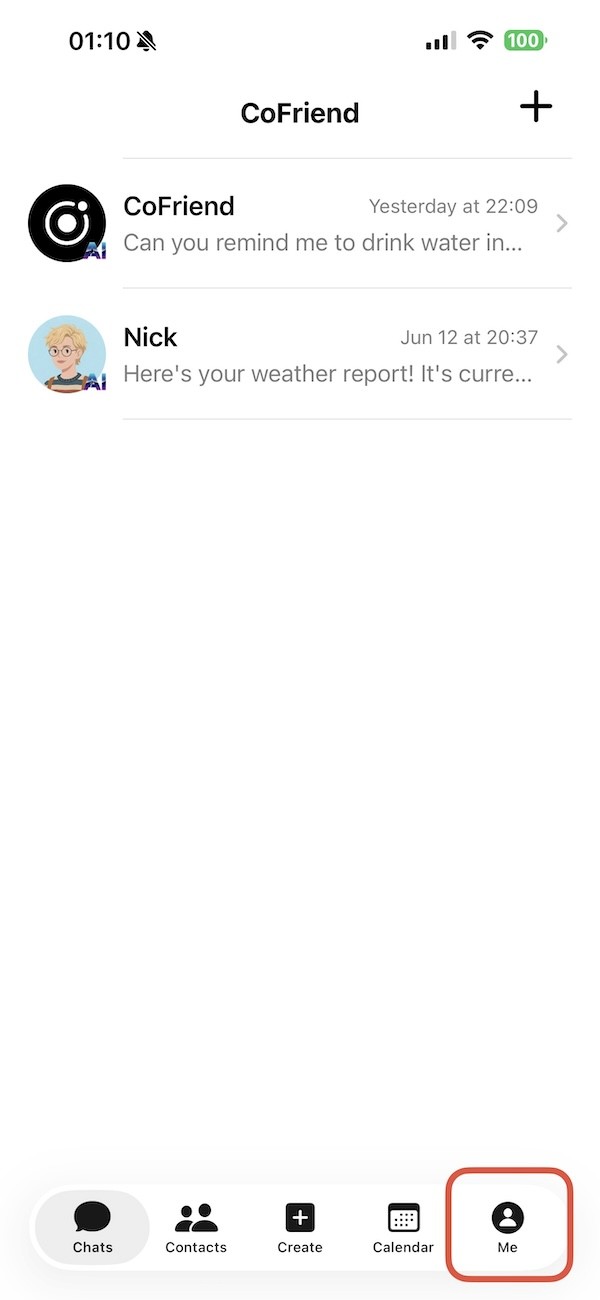 CoFriend app with the Me tab highlighted