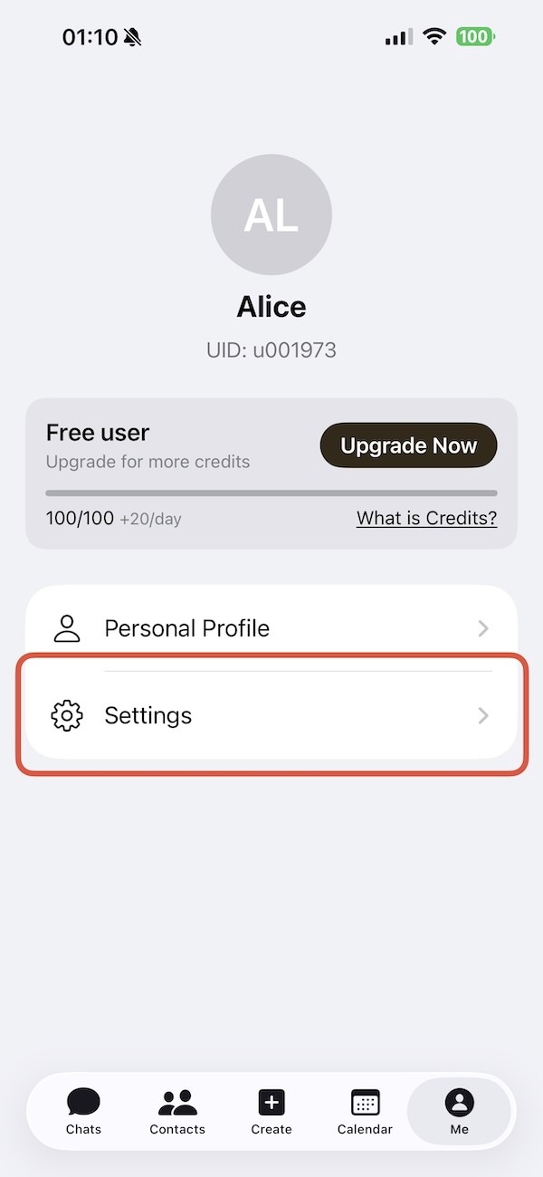 Me tab with the settings button highlighted