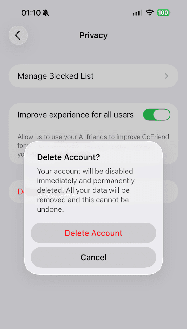 Delete account confirmation dialog