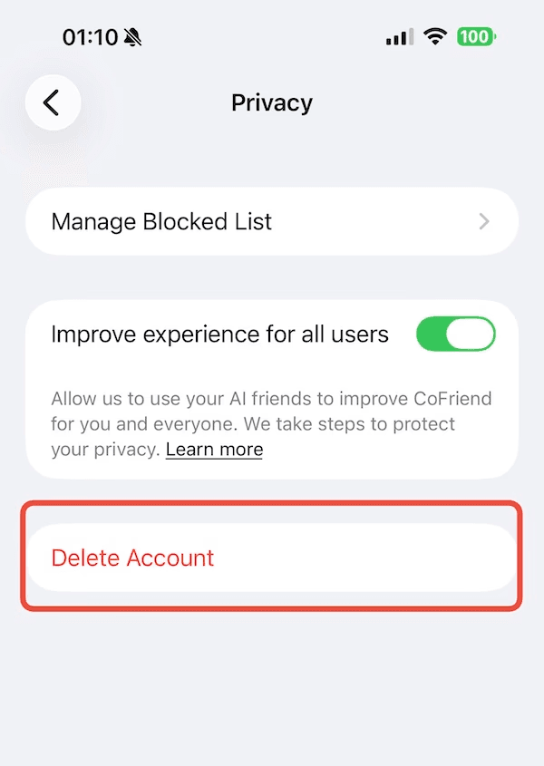 Privacy screen with the Delete Account button highlighted
