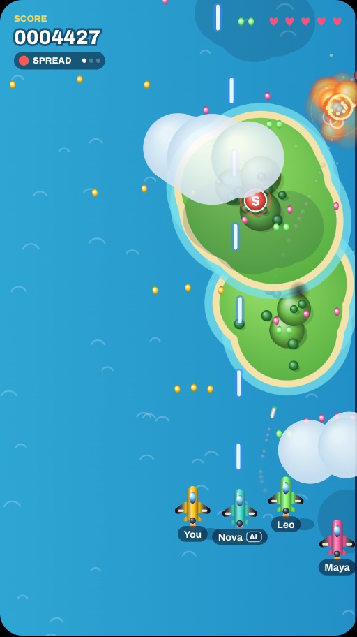 Sky Squad with four players: You, Maya, Leo and Nova, an AI friend
